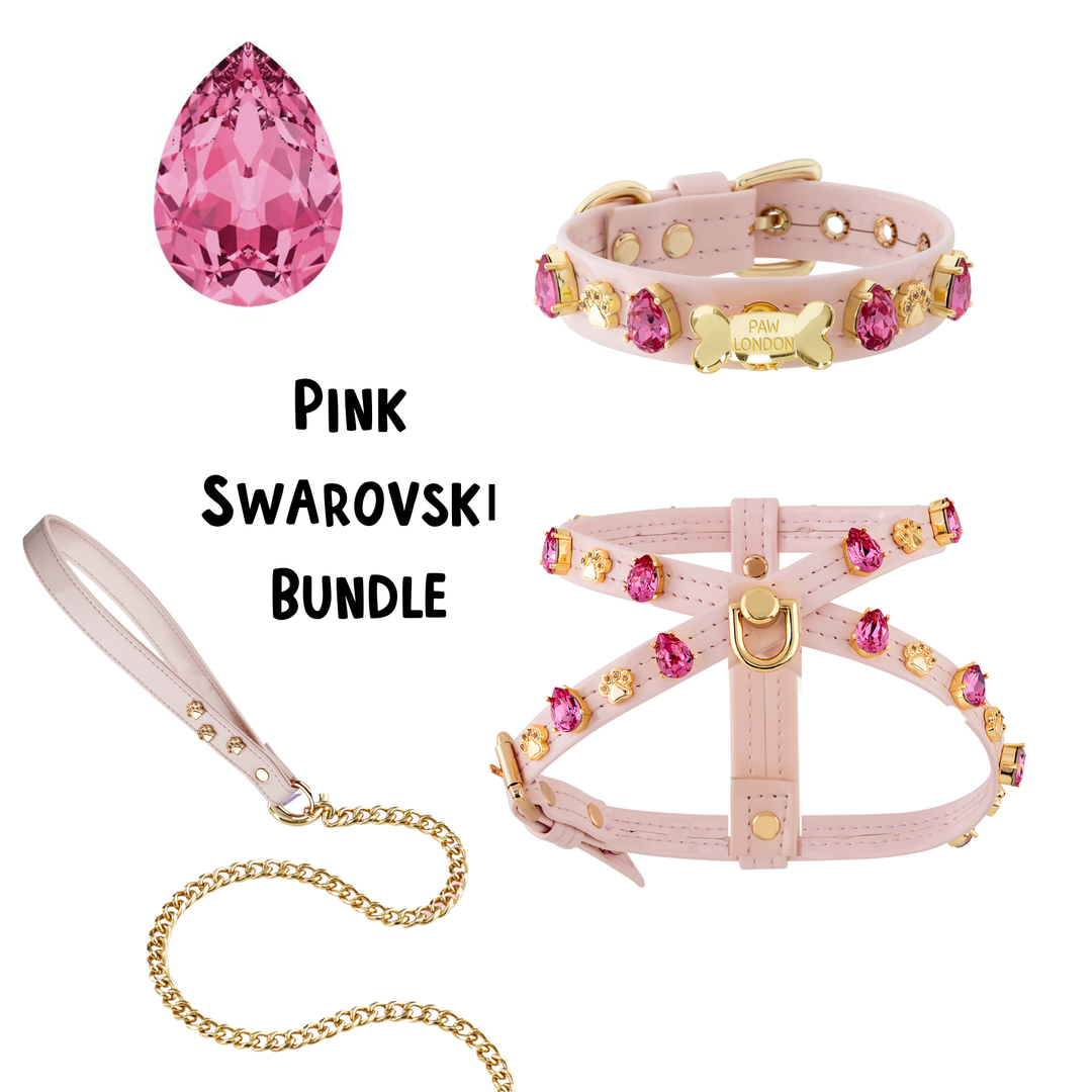 Paw London - Chelsea Pink Swarovski Dog Harness + Collar +  Chain Leash: S / No