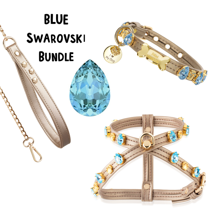 Paw London - Hampstead Blue Swarovski Dog Harness + Collar +  Chain Leash: S / No