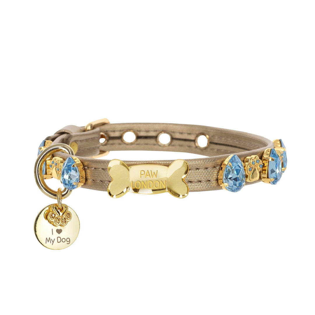 Paw London - Hampstead Blue Swarovski Dog Harness + Collar +  Chain Leash: S / No